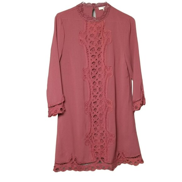 Entro Dress Women's Small Polyester 3/4‎  Sleeve Lace Accent Keyhole Flowy Red - Picture 1 of 16